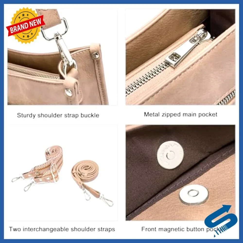 Vegan Leather Crossbody Hobo Bag with Adjustable Guitar Strap Multi-Pocket